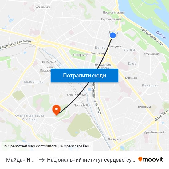 Майдан Незалежності to Національний інститут серцево-судинної хірургії ім. М.М. Амосова map