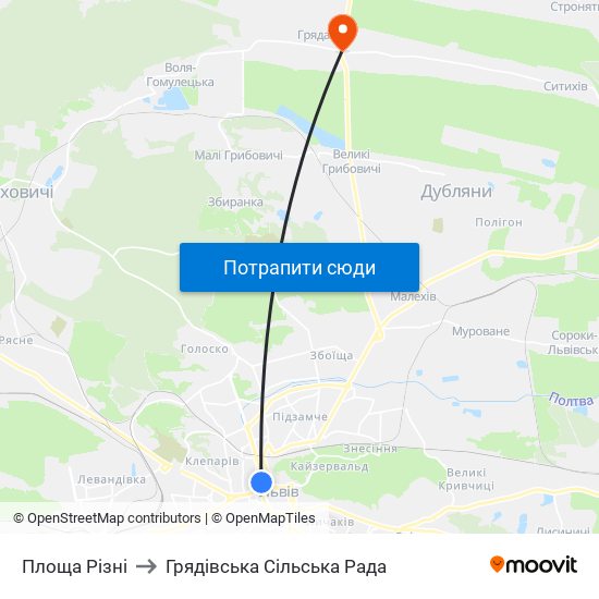 Площа Різні to Грядівська Сільська Рада map