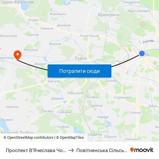 Проспект В’Ячеслава Чорновола to Повітненська Сільська Рада map