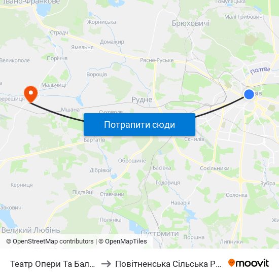 Театр Опери Та Балету to Повітненська Сільська Рада map