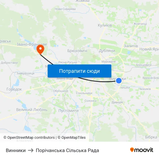 Винники to Порічанська Сільська Рада map