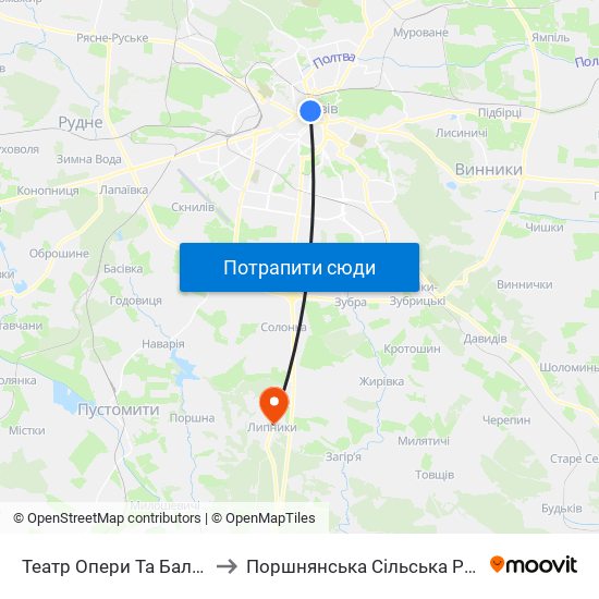 Театр Опери Та Балету to Поршнянська Сільська Рада map