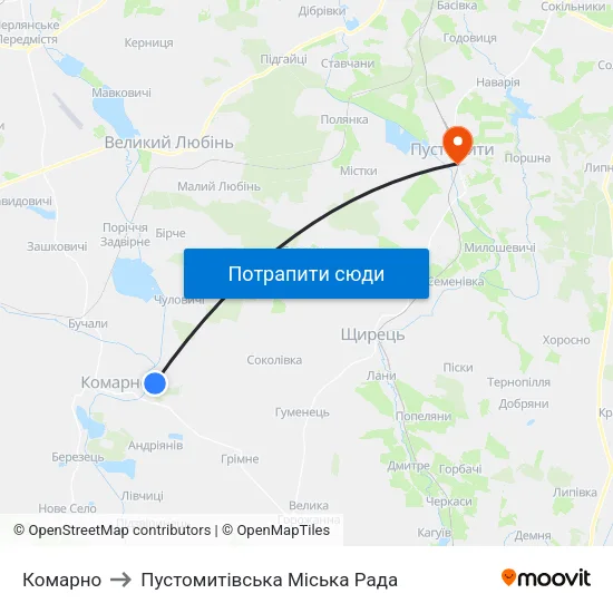 Комарно to Пустомитівська Міська Рада map