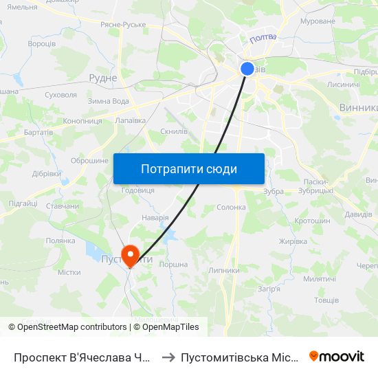 Проспект В'Ячеслава Чорновола to Пустомитівська Міська Рада map