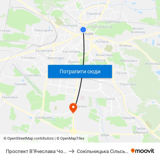 Проспект В’Ячеслава Чорновола to Сокільницька Сільська Рада map