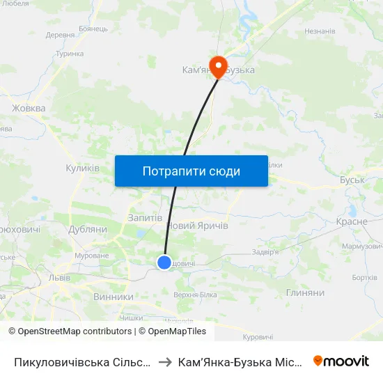 Пикуловичівська Сільська Рада to Кам’Янка-Бузька Міська Рада map