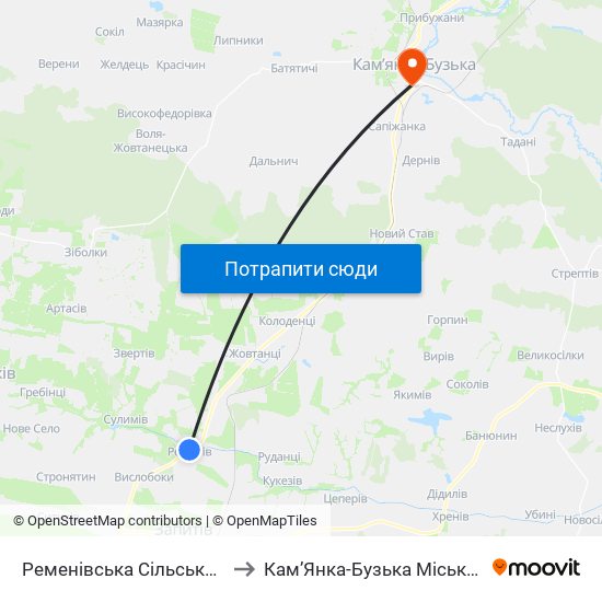 Ременівська Сільська Рада to Кам’Янка-Бузька Міська Рада map