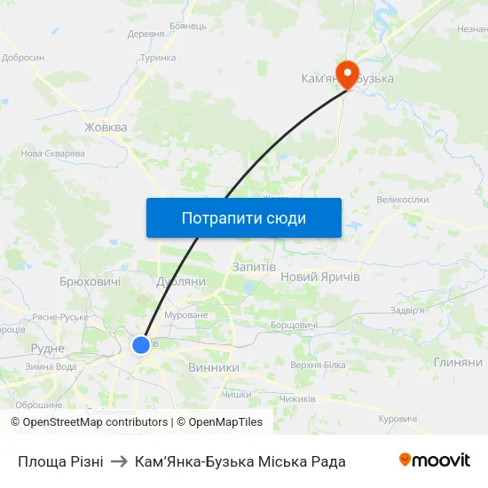 Площа Різні to Кам’Янка-Бузька Міська Рада map