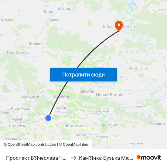 Проспект В'Ячеслава Чорновола to Кам’Янка-Бузька Міська Рада map