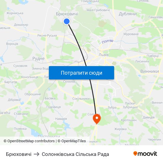 Брюховичі to Солонківська Сільська Рада map