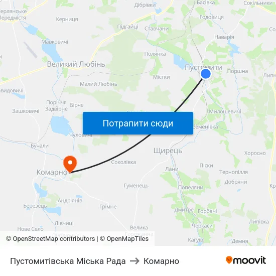 Пустомитівська Міська Рада to Комарно map