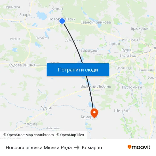 Новояворівська Міська Рада to Комарно map