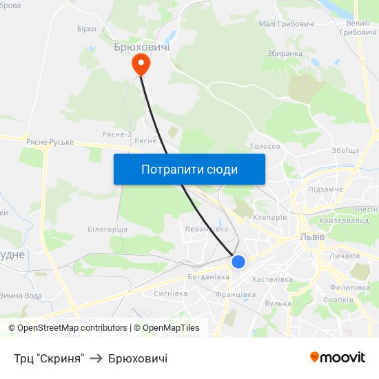 Трц "Скриня" to Брюховичі map