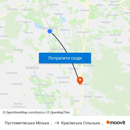 Пустомитівська Міська Рада to Красівська Сільська Рада map