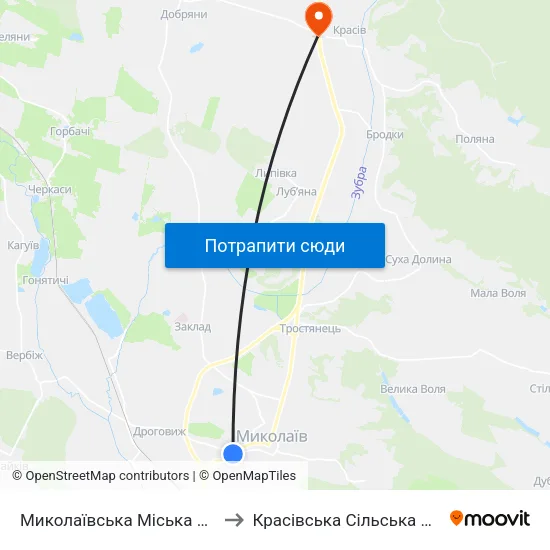 Миколаївська Міська Рада to Красівська Сільська Рада map