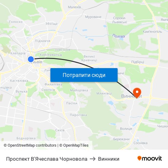 Проспект В'Ячеслава Чорновола to Винники map