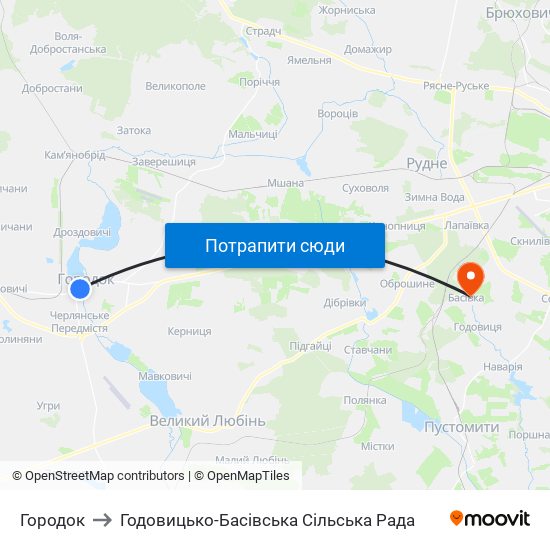 Городок to Годовицько-Басівська Сільська Рада map