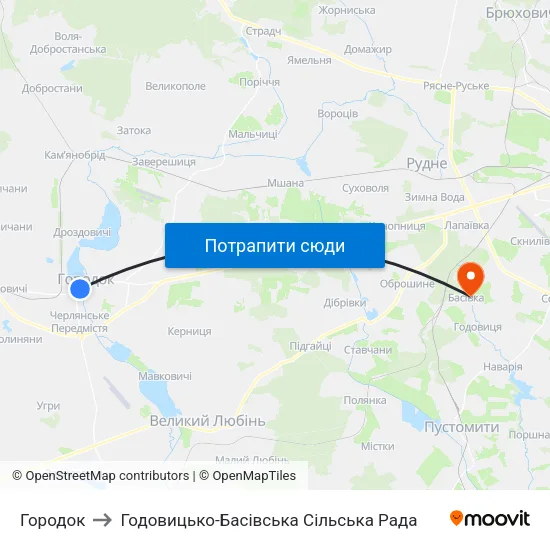Городок to Годовицько-Басівська Сільська Рада map