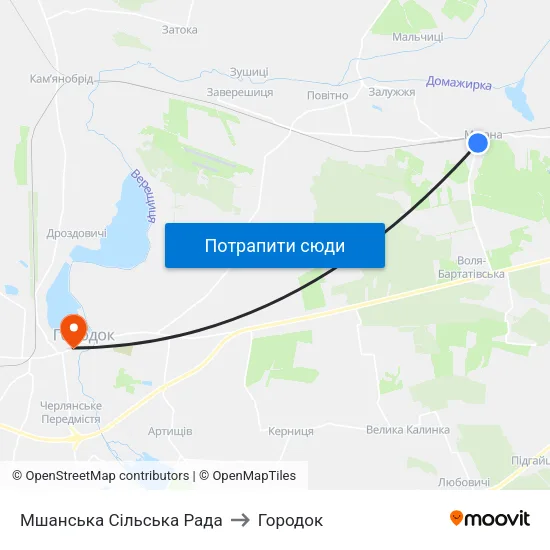 Мшанська Сільська Рада to Городок map