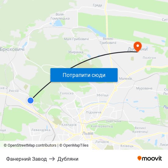 Фанерний Завод to Дубляни map