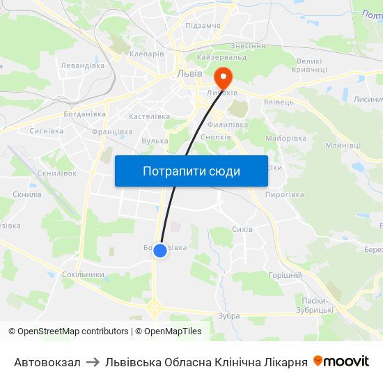 Автовокзал to Львівська Обласна Клінічна Лікарня map