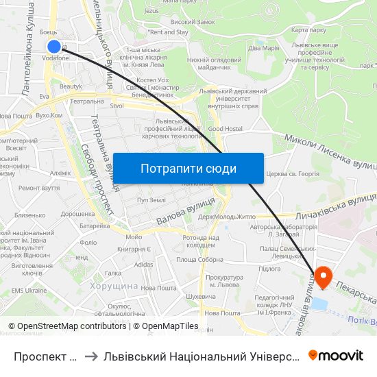 Проспект В’Ячеслава Чорновола to Львівський Національний Університет Ветеринарної Медицини Та Біотехнологій Ім. М. З. Гжицького map
