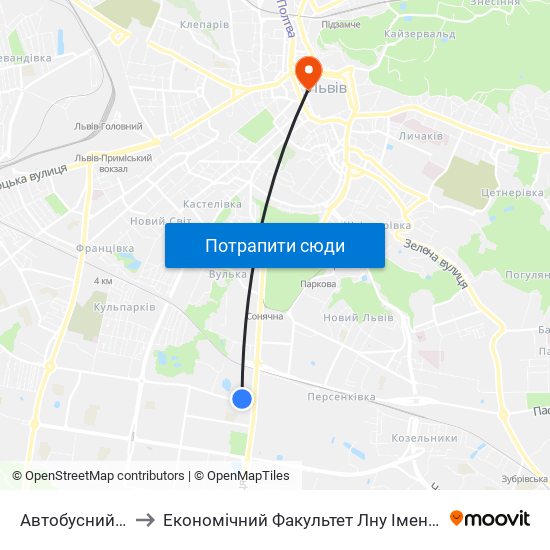 Автобусний Завод to Економічний Факультет Лну Імені Івана Франка map