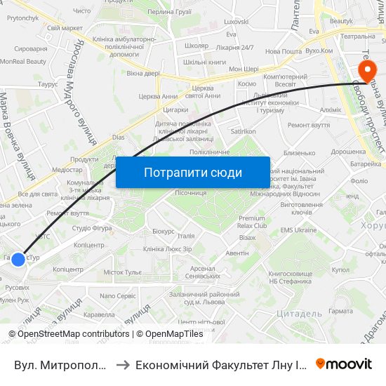 Вул. Митрополита Андрея to Економічний Факультет Лну Імені Івана Франка map