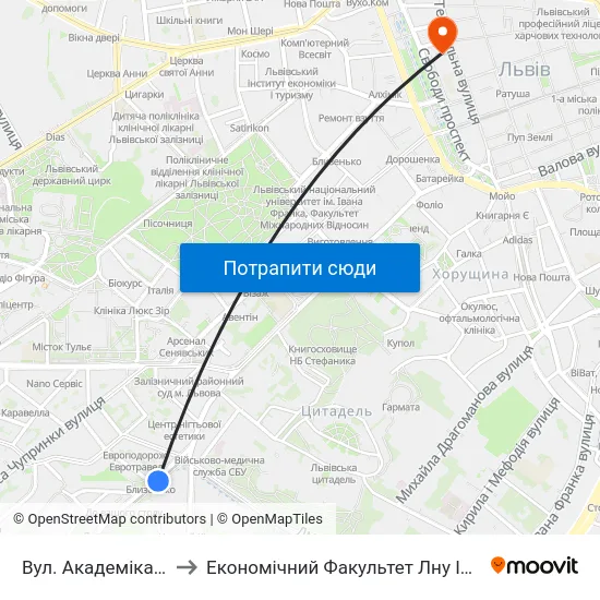 Вул. Академіка Сахарова to Економічний Факультет Лну Імені Івана Франка map