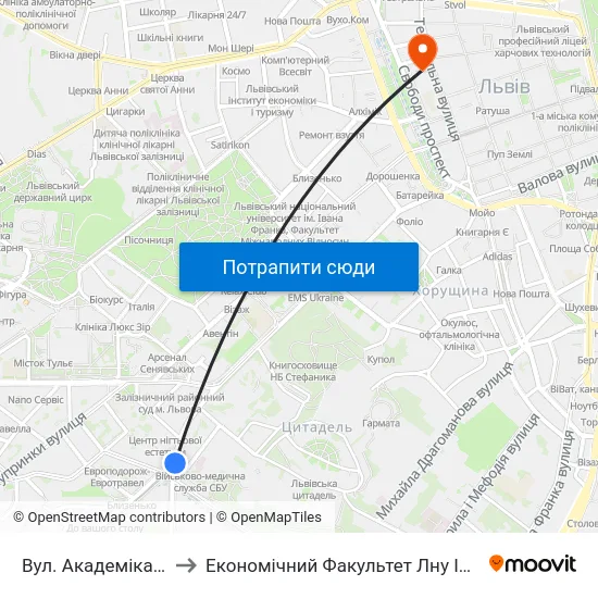 Вул. Академіка Сахарова to Економічний Факультет Лну Імені Івана Франка map