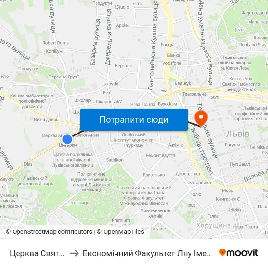 Церква Святої Анни to Економічний Факультет Лну Імені Івана Франка map