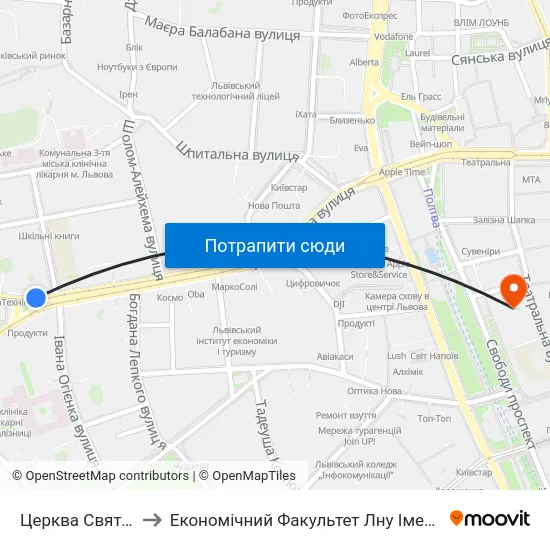 Церква Святої Анни to Економічний Факультет Лну Імені Івана Франка map
