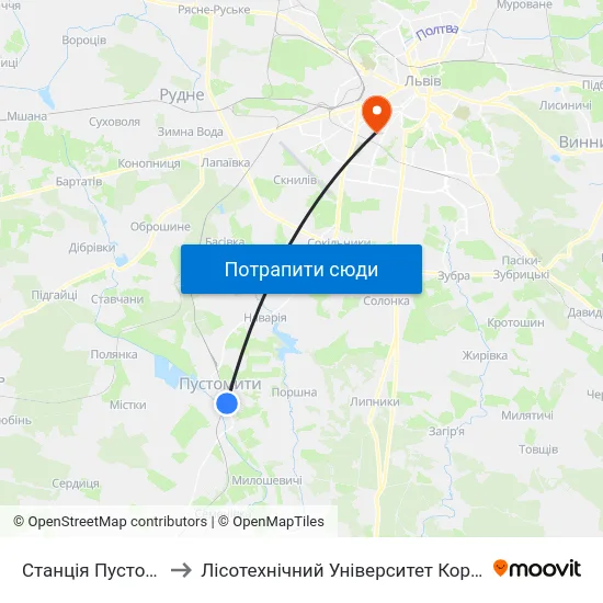 Станція Пустомити to Лісотехнічний Університет Корпус № 1 map