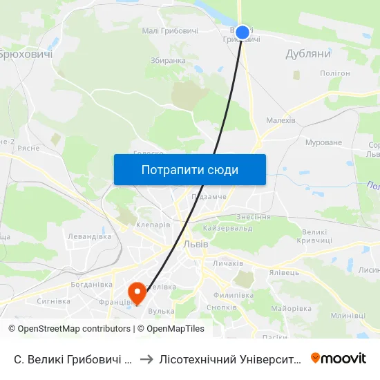 С. Великі Грибовичі (На Вимогу) to Лісотехнічний Університет Корпус № 1 map