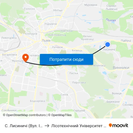 С. Лисиничі (Вул. Івасюка) to Лісотехнічний Університет Корпус № 1 map
