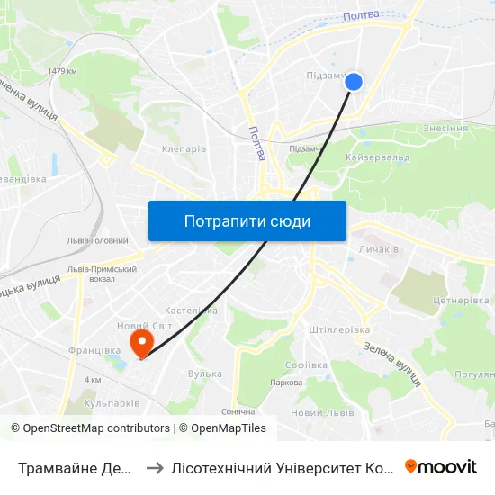 Трамвайне Депо №2 to Лісотехнічний Університет Корпус № 1 map