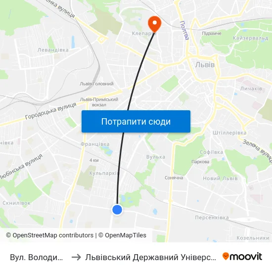 Вул. Володимира Великого to Львівський Державний Університет Безпеки Життєдіяльності map