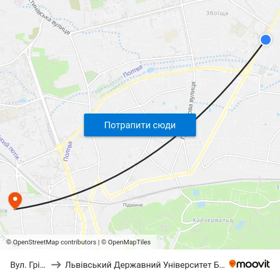Вул. Грінченка to Львівський Державний Університет Безпеки Життєдіяльності map