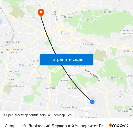Лікарня №8 to Львівський Державний Університет Безпеки Життєдіяльності map
