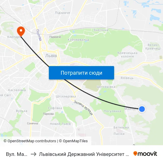 Вул. Майорівка to Львівський Державний Університет Безпеки Життєдіяльності map