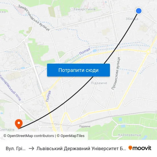 Вул. Грінченка to Львівський Державний Університет Безпеки Життєдіяльності map