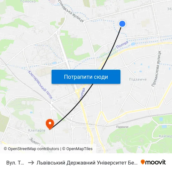 Вул. Тичини to Львівський Державний Університет Безпеки Життєдіяльності map