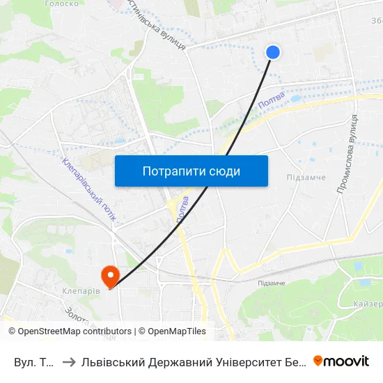 Вул. Тичини to Львівський Державний Університет Безпеки Життєдіяльності map
