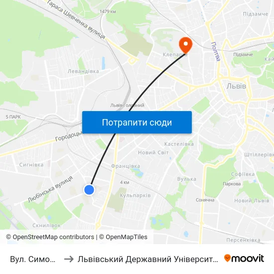 Вул. Симона Петлюри to Львівський Державний Університет Безпеки Життєдіяльності map