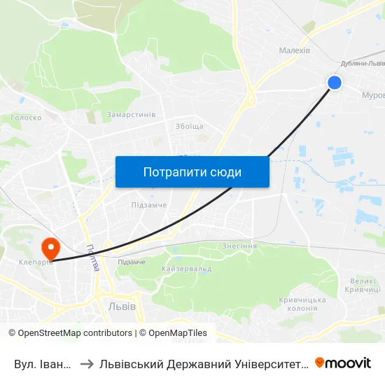 Вул. Івана Франка to Львівський Державний Університет Безпеки Життєдіяльності map