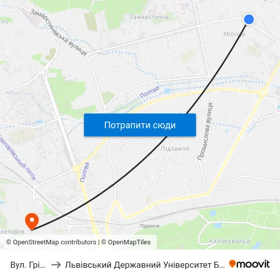 Вул. Грінченка to Львівський Державний Університет Безпеки Життєдіяльності map
