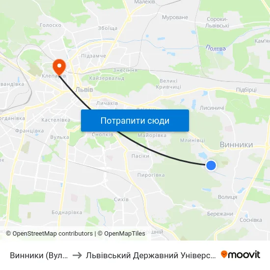 Винники (Вул. Ломоносова) to Львівський Державний Університет Безпеки Життєдіяльності map
