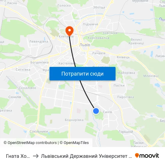 Гната Хоткевича to Львівський Державний Університет Безпеки Життєдіяльності map