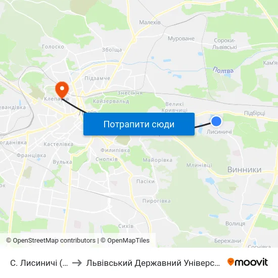 С. Лисиничі (Вул. Івасюка) to Львівський Державний Університет Безпеки Життєдіяльності map