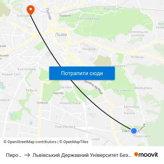Пирогівка to Львівський Державний Університет Безпеки Життєдіяльності map